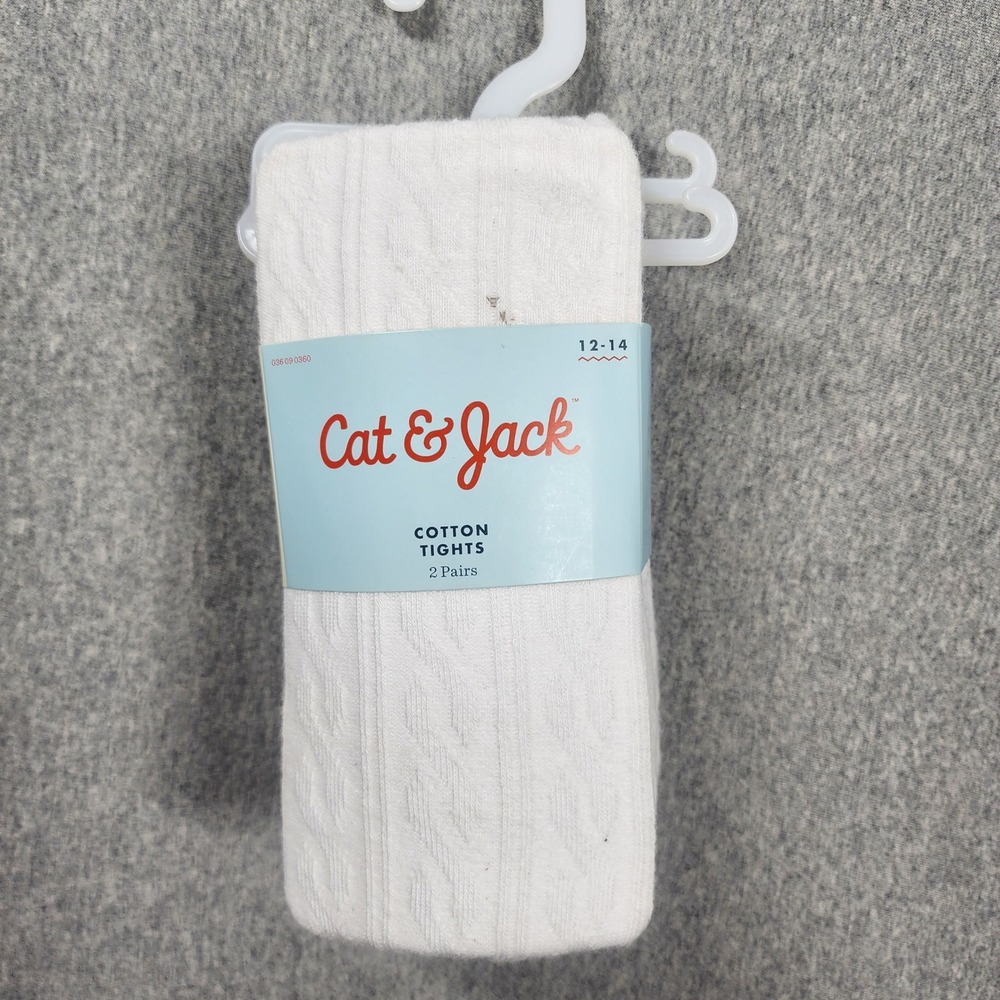 Cat & Jack Cotton Tights Girls 12-14 White Cable Knit 2-Pack Footed 036090360